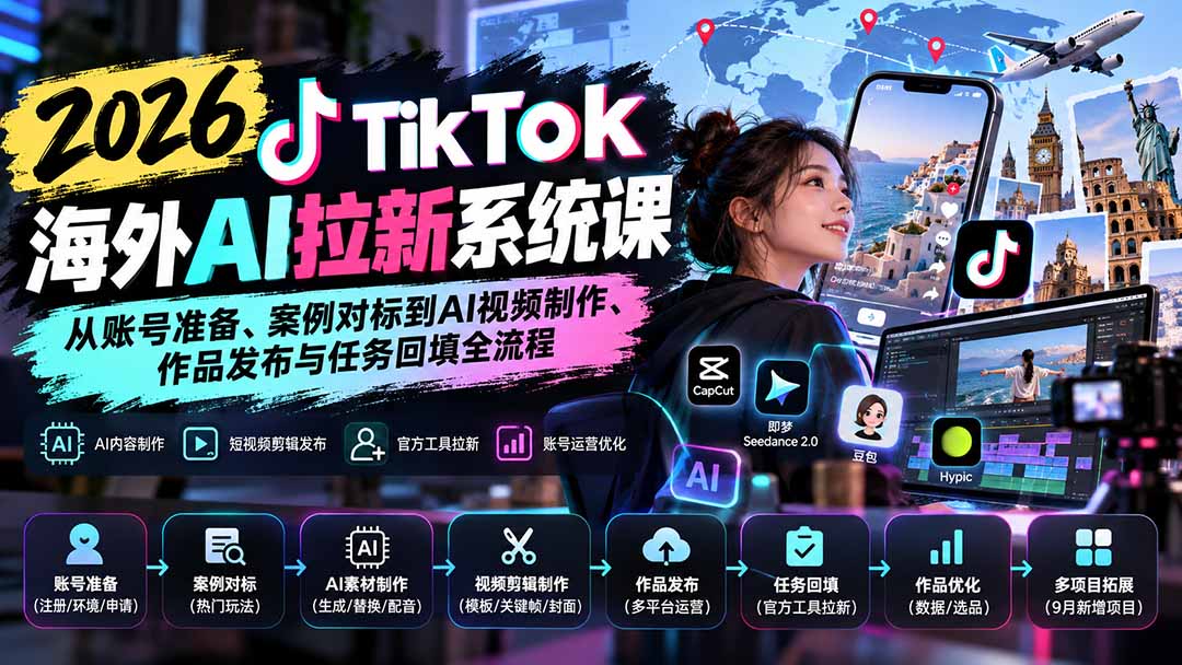 【无水印】2026 TikTok海外AI拉新系统课：从账号准备、案例对标到AI视频制作、作品发布与任务回填全流程