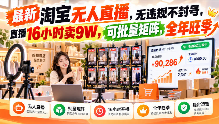 最新淘宝无人直播，无违规不封号，直播16小时卖9W，可批量矩阵，全年旺季【揭秘】-我爱发帖