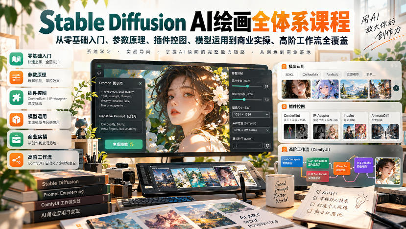【无水印】Stable Diffusion AI绘画全体系课程，从零基础入门、参数原理、插件控图、模型运用到商业实操、高阶工作流全覆盖