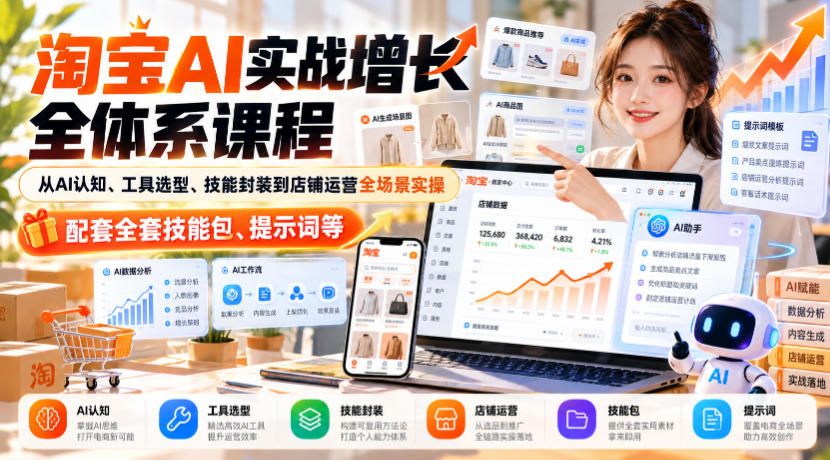 淘宝AI实战增长全体系课程,从AI认知、工具选型、技能封装到店铺运营全场景实操,配套全套技能包、提示词等