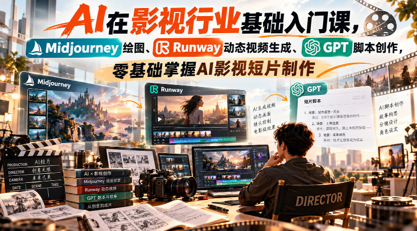 【无水印】AI在影视行业基础入门课,Midjourney绘图、Runway动态视频生成、GPT脚本创作,零基础掌握AI影视短片制作