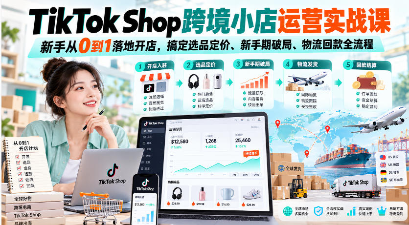 TikTok Shop跨境小店运营实战课,新手从0到1落地开店,搞定选品定价、新手期破局、物流回款全流程-我爱发帖