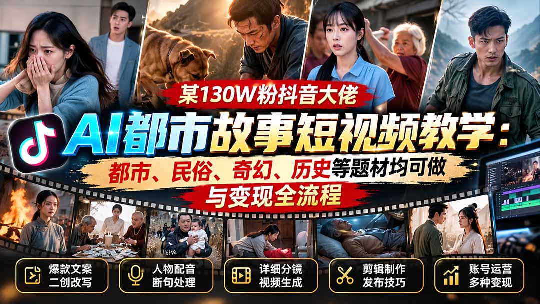 某130W粉抖音大佬AI都市故事短视频教学:都市、民俗、奇幻、历史等题材均可做与变现全流程-我爱发帖