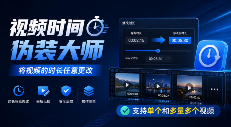视频时间伪装大师，将视频的时长任意更改，支持单个和多量多个视频