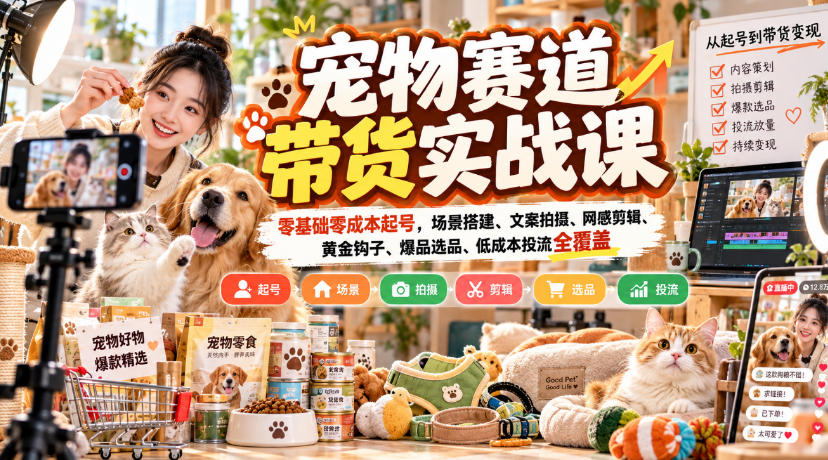 宠物赛道带货实战课，零基础零成本起号，场景搭建、文案拍摄、网感剪辑、黄金钩子、爆品选品、低成本投流全覆盖-我爱发帖