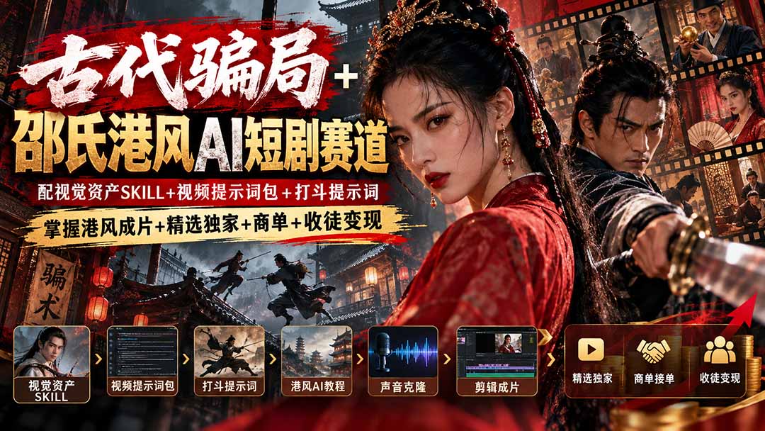 古代骗局+邵氏港风AI短剧赛道：配视觉资产SKILL+视频提示词包+打斗提示词，掌握港风成片+精选独家+商单+收徒变现-我爱发帖