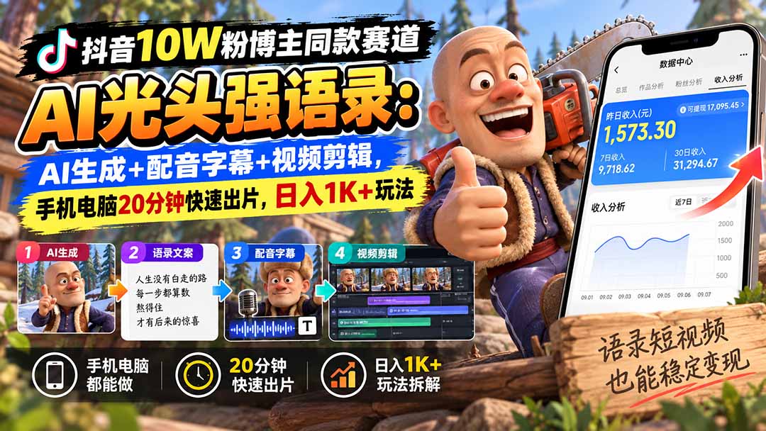 【无水印】抖音10W粉博主同款赛道AI光头强语录：AI生成+配音字幕+视频剪辑，手机电脑20分钟快速出片，日入1K+玩法｜焦圣希 18818568866