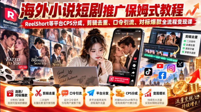 海外小说短剧推广保姆式教程｜ReelShort等平台CPS分成，剪辑去重、口令引流、对标爆款全流程变现课-我爱发帖