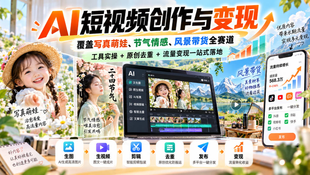 AI短视频创作与变现，覆盖写真萌娃、节气情感、风景带货全赛道，工具实操+原创去重+流量变现一站式落地｜焦圣希 18818568866