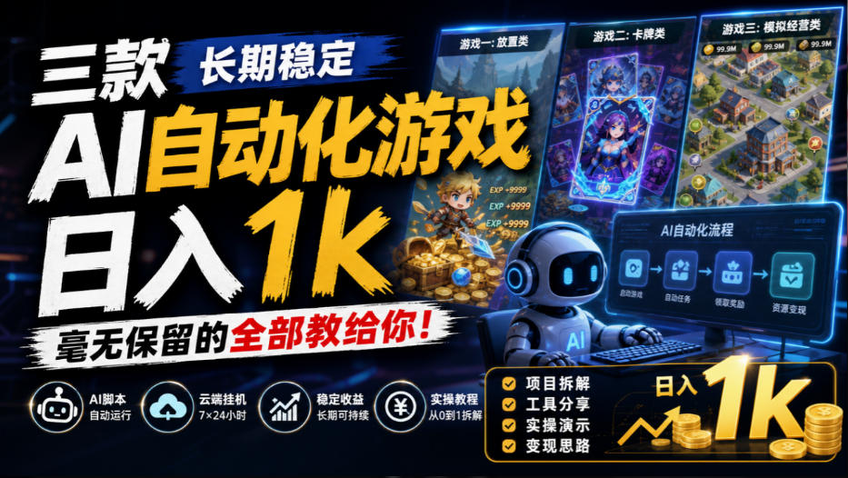三款长期稳定AI自动化游戏,日入1k,毫无保留的全部教给你!【揭秘】