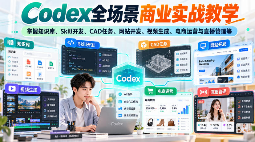 【无水印】Codex全场景商业实战教学，掌握知识库、Skill开发、CAD任务、网站开发、视频生成、电商运营与直播管理等｜焦圣希 18818568866