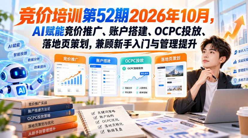 【无水印】竞价培训第52期2026年10月，AI赋能竞价推广、账户搭建、OCPC投放、落地页策划，兼顾新手入门与管理提升｜焦圣希 18818568866