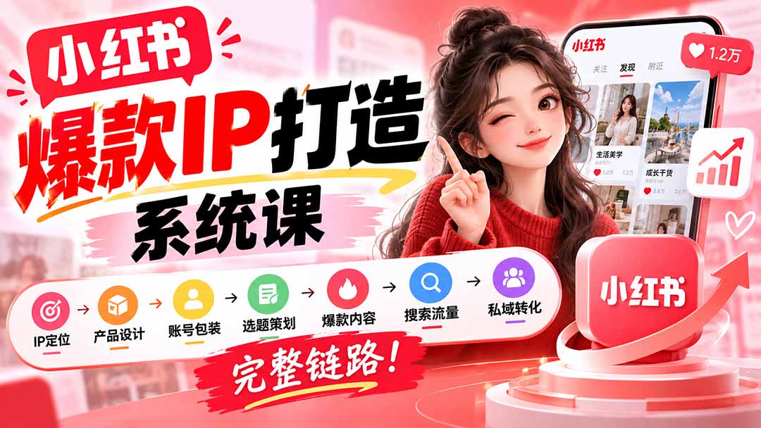 【无水印】小红书爆款IP打造课：IP定位→产品设计→账号包装→选题策划→爆款内容→搜索流量→私域转化，完整链路-我爱发帖