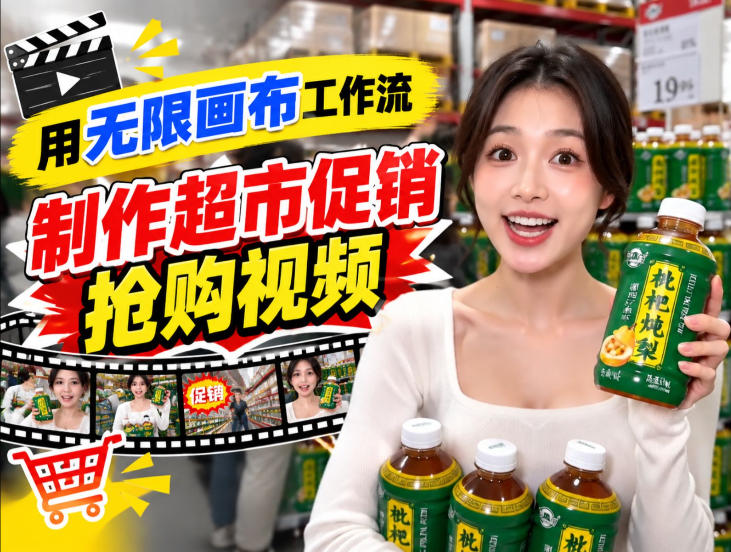 无限画布超市促销抢购视频工作流，一键产出TikTok抖音带货短视频-皮皮网创