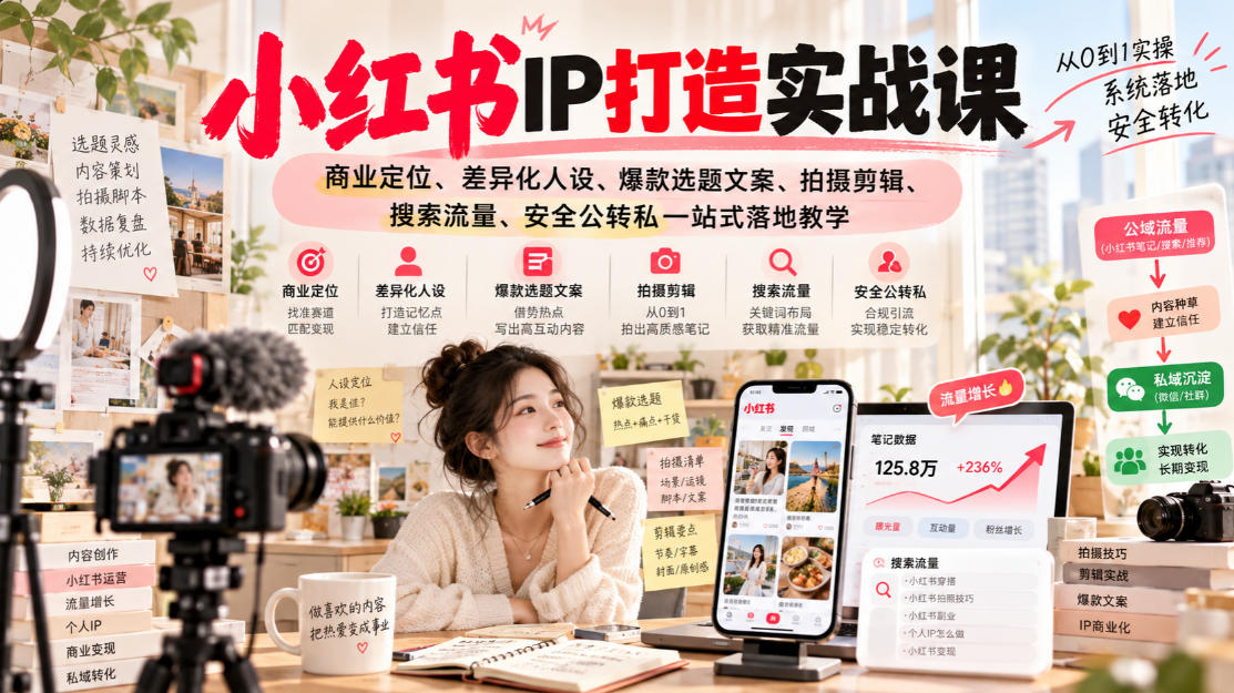 小红书ip打造实战课，商业定位、差异化人设、爆款选题文案、拍摄剪辑、搜索流量、安全公转私一站式落地教学｜焦圣希 18818568866
