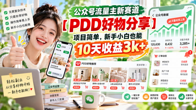 公众号流量主新赛道【PDD好物分享】，项目简单，新手小白也能10天收益3k+-我爱发帖