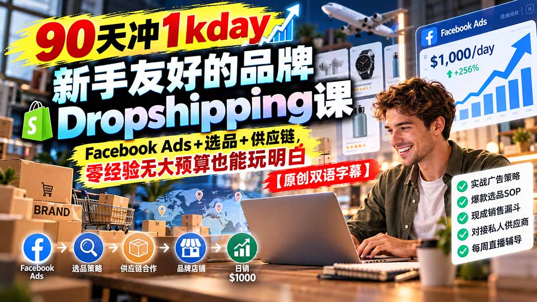 90天冲1kday 新手友好的品牌Dropshipping课：Facebook Ads+选品+供应链，零经验无大预算也能玩明白【原创双语字幕】福星网赚创业资源-网赚项目-副业赚钱-互联网创业-资源整合福星网赚资源