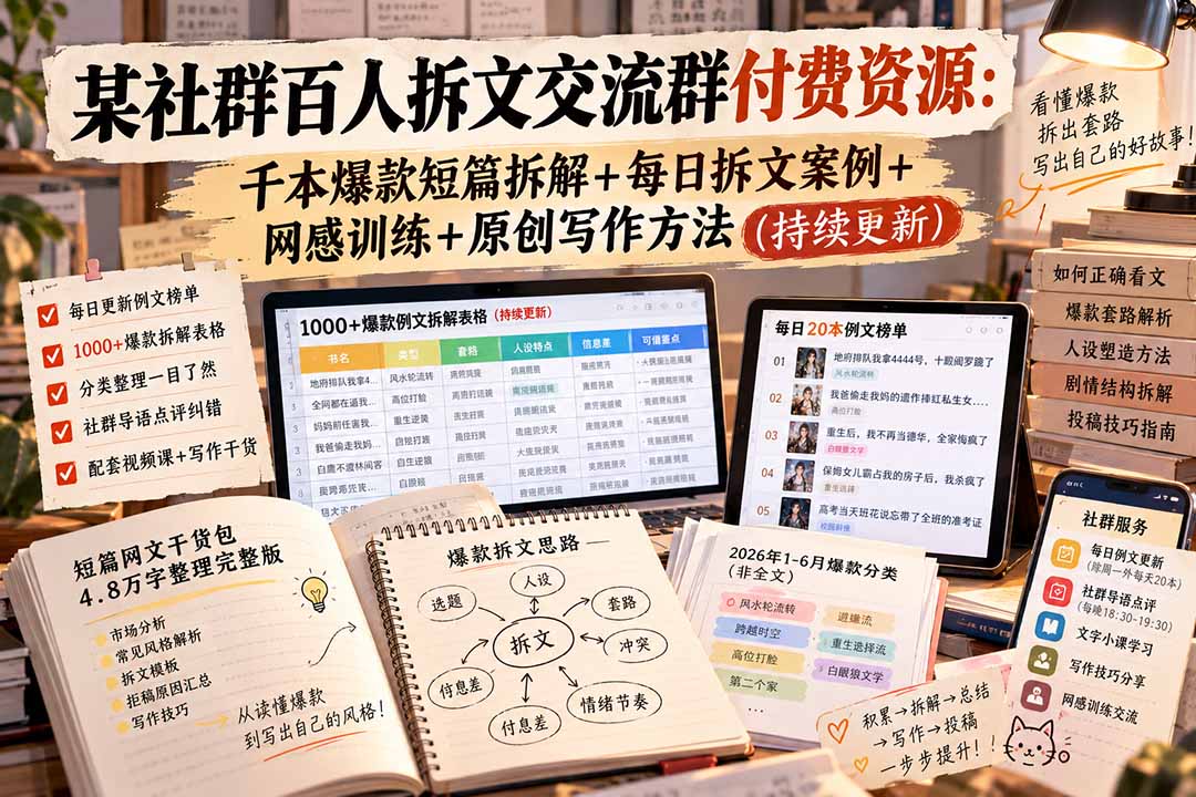 某社群百人拆文交流群付费资源-更新0929：千本爆款短篇拆解+每日拆文案例+网感训练+原创写作方法｜焦圣希 18818568866