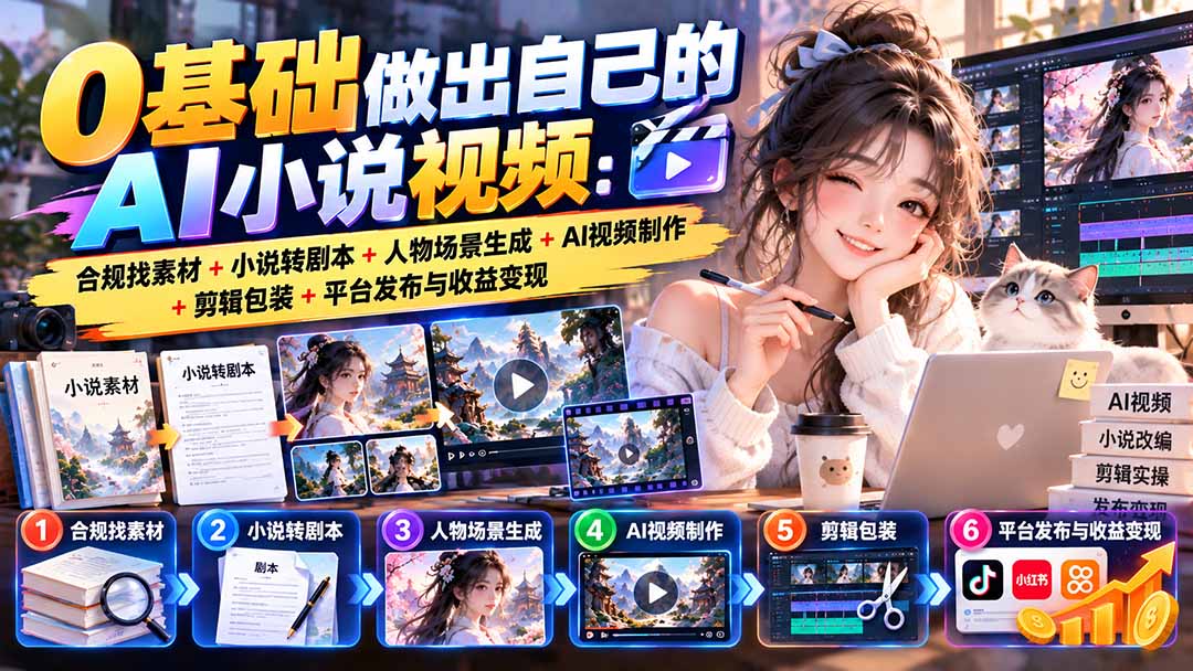 0基础做出自己的AI小说视频：合规找素材+小说转剧本+人物场景生成+AI视频制作+剪辑包装+平台发布与收益变现福星网赚创业资源-网赚项目-副业赚钱-互联网创业-资源整合福星网赚资源
