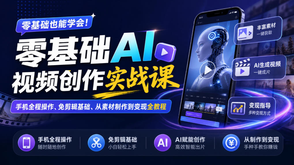 零基础AI视频创作实战课｜手机全程操作、免剪辑基础、从素材制作到变现全教程​福星网赚创业资源-网赚项目-副业赚钱-互联网创业-资源整合福星网赚资源