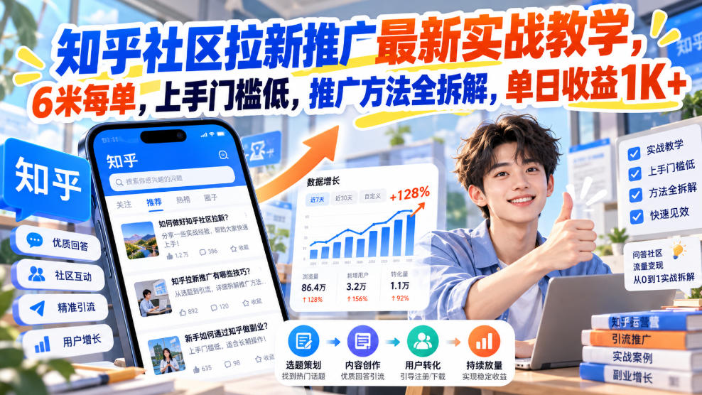 知乎社区拉新推广最新实战教学，6米每单，上手门槛低，推广方法全拆解，单日收益1K+！(更新0930)福星网赚创业资源-网赚项目-副业赚钱-互联网创业-资源整合福星网赚资源