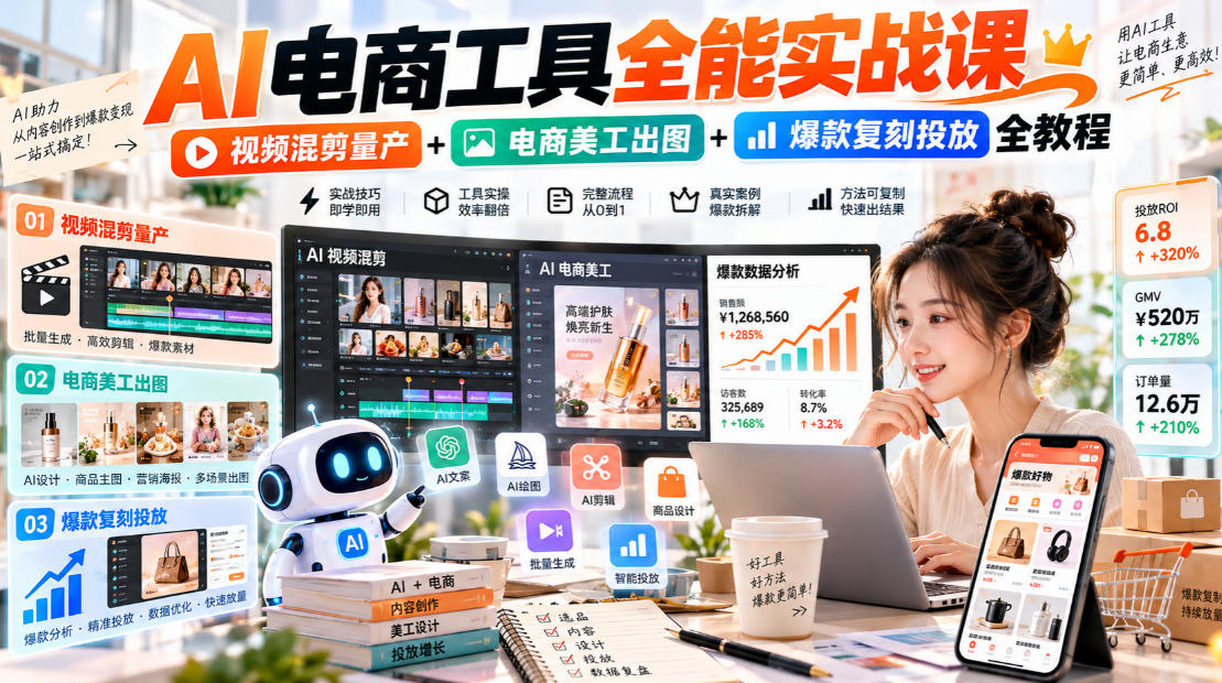 AI电商工具全能实战教学,视频混剪量产+电商美工出图+爆款复刻投放全教程-我爱发帖