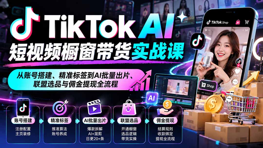 TikTok AI短视频橱窗带货实战课：从账号搭建、精准标签到AI批量出片、联盟选品与佣金提现全流程-我爱发帖