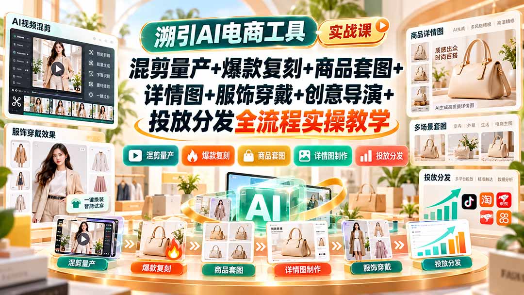 溯引AI电商工具实战课：混剪量产+爆款复刻+商品套图+详情图+服饰穿戴+创意导演+投放分发全流程实操教学-我爱发帖