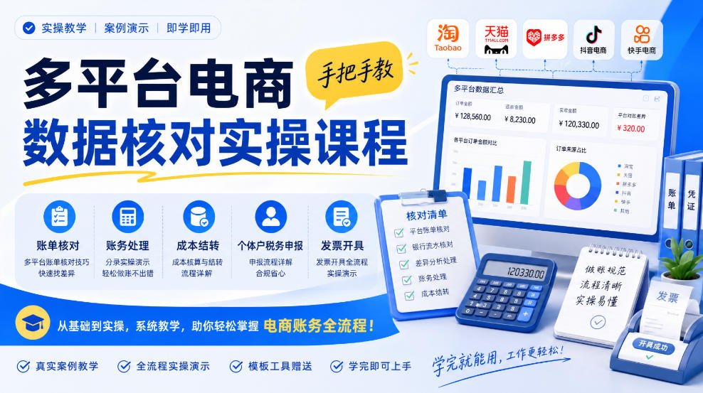 多平台电商数据核对实操课程，手把手教账单核对、账务处理、成本结转、个体户税务申报与发票开具-我爱发帖