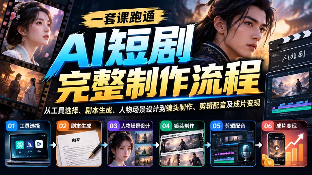 一套课跑通AI短剧完整制作流程：从工具选择、剧本生成、人物场景设计到镜头制作、剪辑配音及成片变现福星网赚创业资源-网赚项目-副业赚钱-互联网创业-资源整合福星网赚资源