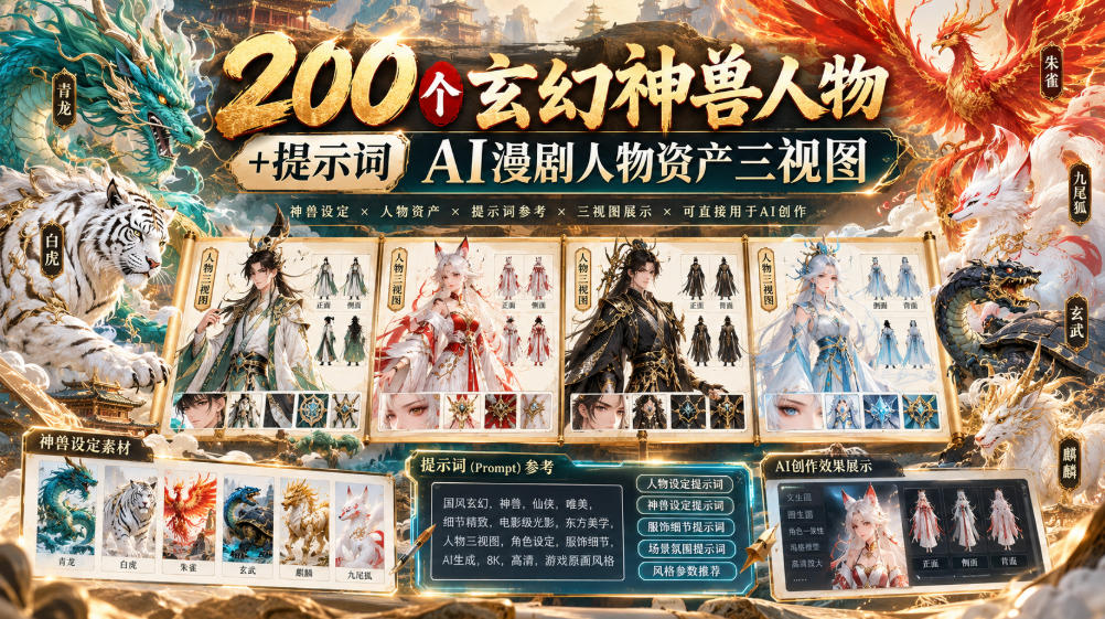 200个玄幻神兽人物+提示词ai漫剧人物资产三视图-我爱发帖