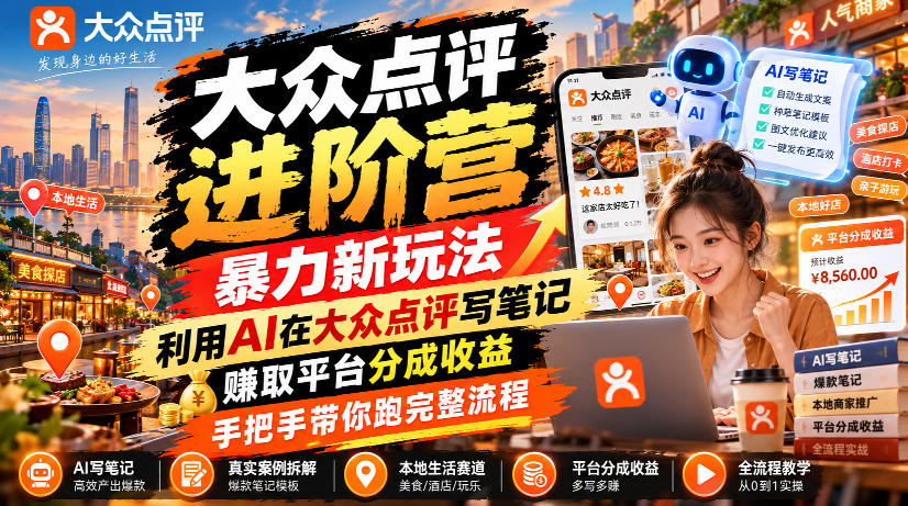 大众点评进阶营，暴力新玩法，利用AI在大众点评写笔记， 賺取平台分成收益，手把手带你跑完整流程福星网赚创业资源-网赚项目-副业赚钱-互联网创业-资源整合福星网赚资源