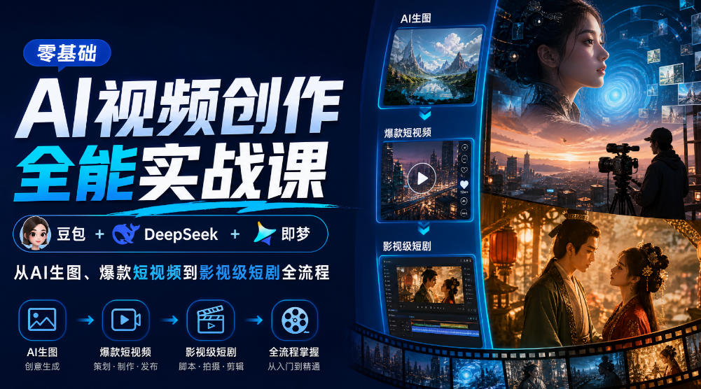 零基础AI视频创作全能实战课｜豆包+DeepSeek+即梦，从AI生图、爆款短视频到影视级短剧全流程福星网赚创业资源-网赚项目-副业赚钱-互联网创业-资源整合福星网赚资源