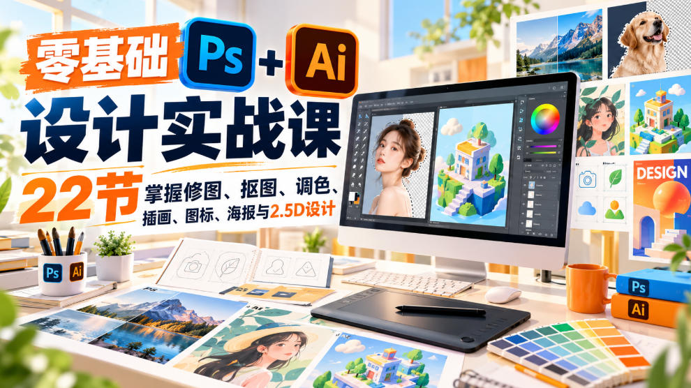 【无水印】零基础PS+AI设计实战课｜22节掌握修图、抠图、调色、插画、图标、海报与2.5D设计-我爱发帖