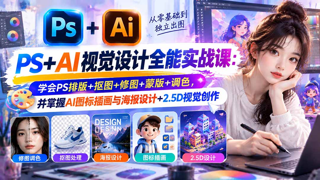 【无水印】PS+AI视觉设计全能实战课：学会PS排版+抠图+修图+蒙版+调色，并掌握AI图标插画与海报设计+2.5D视觉创作-我爱发帖