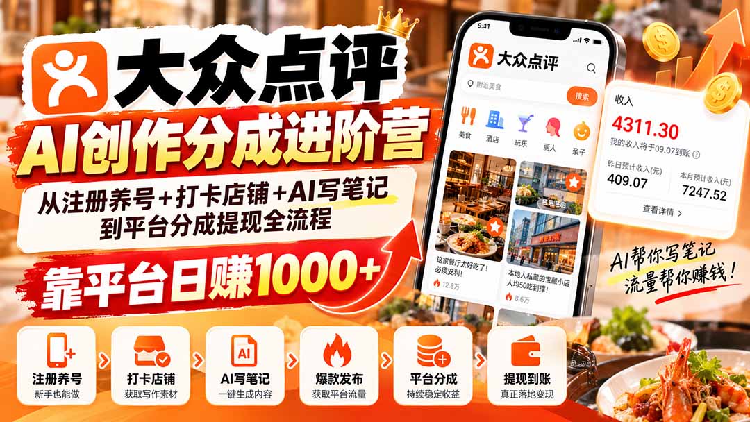 大众点评AI创作分成进阶营:从注册养号+打卡店铺+AI写笔记到平台分成提现全流程,靠平台日赚1000+-我爱发帖