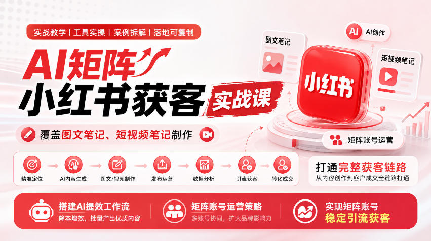 AI矩阵小红书获客实战课，覆盖图文笔记、短视频笔记制作，打通完整获客链路，搭建AI提效工作流，实现矩阵账号稳定引流获客-我爱发帖