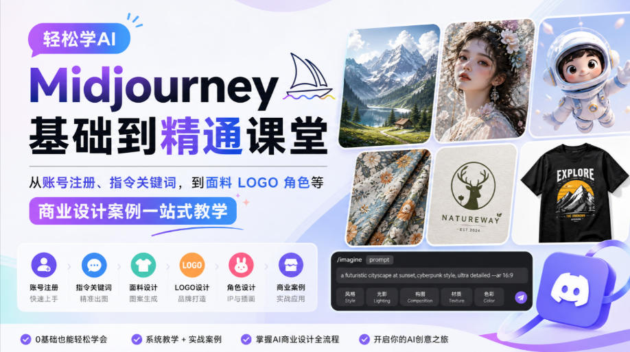 轻松学AI Midjourney基础到精通课堂，从账号注册、指令关键词，到面料LOGO角色等商业设计案例一站式教学福星网赚创业资源-网赚项目-副业赚钱-互联网创业-资源整合福星网赚资源