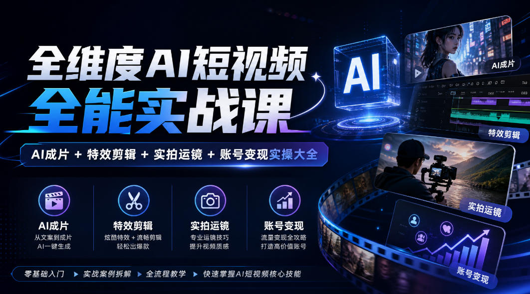 全维度AI短视频全能实战课，AI成片+特效剪辑+实拍运镜+账号变现实操大全福星网赚创业资源-网赚项目-副业赚钱-互联网创业-资源整合福星网赚资源