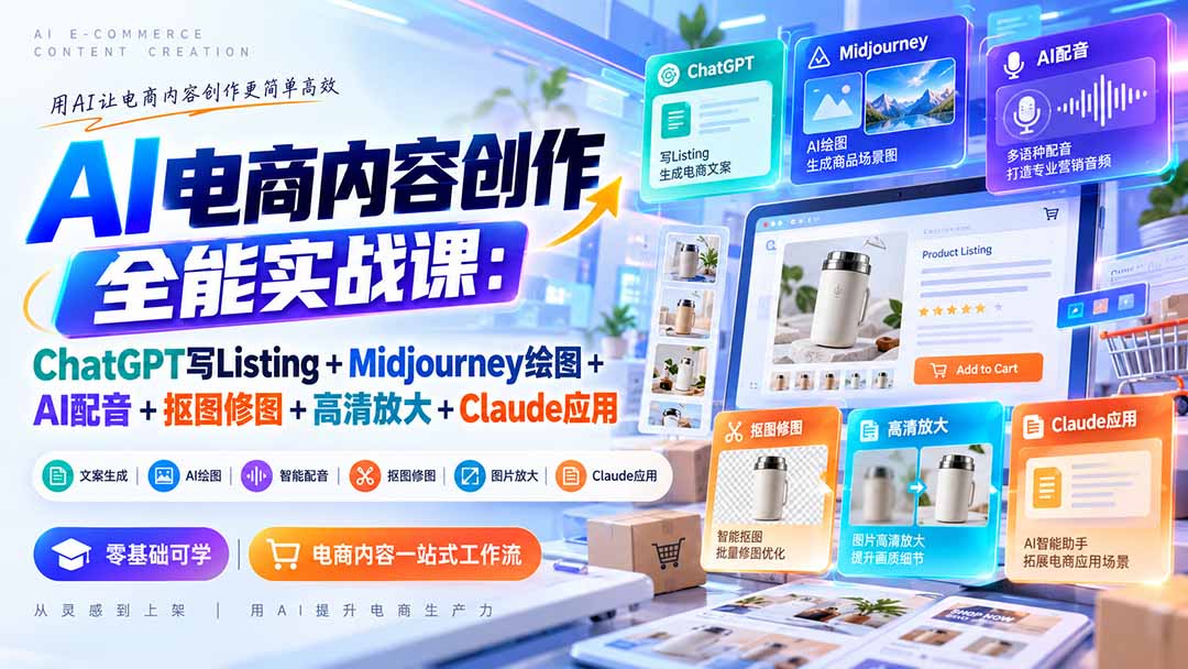 【无水印】AI电商内容创作全能实战课:ChatGPT写Listing+Midjourney绘图+AI配音+抠图修图+高清放大+Claude应用-吾爱自习网