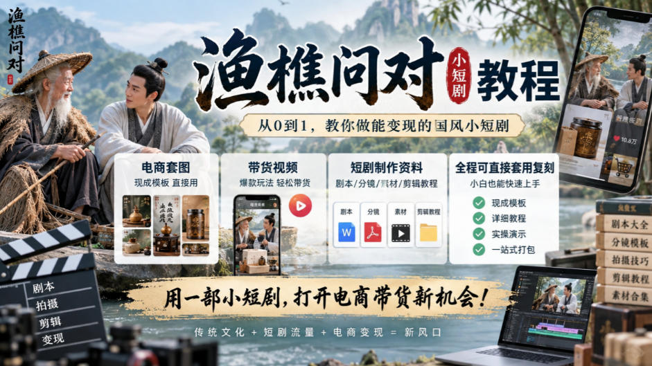 渔樵问对小短剧教程，包含电商套图、带货视频，短剧制作资料，全程可直接套用复刻｜焦圣希 18818568866