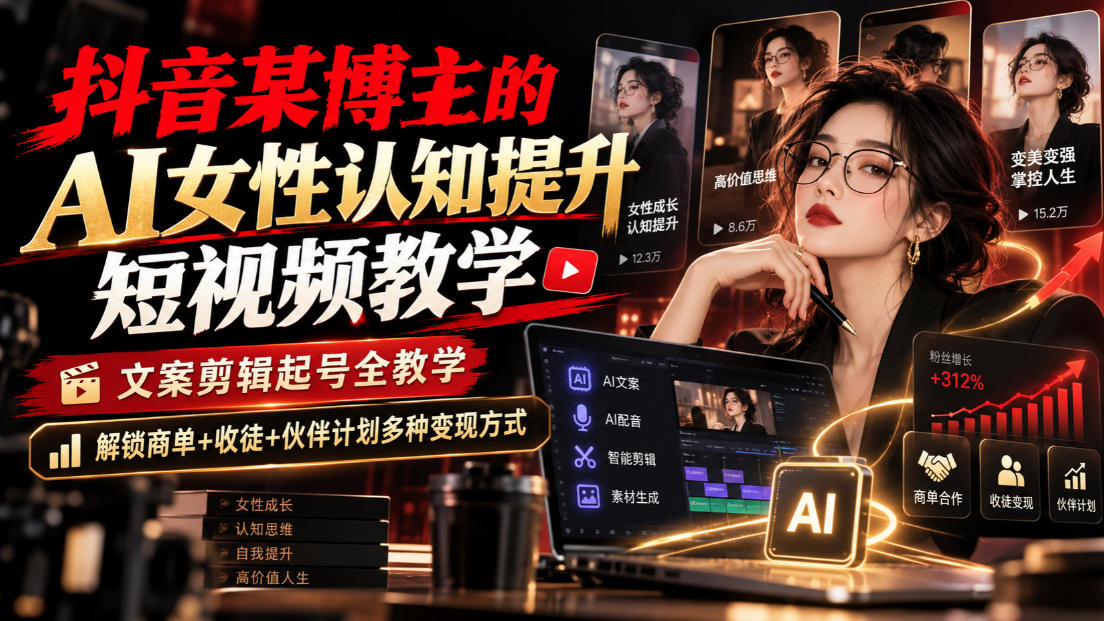 抖音某博主的Ai女性认知提升短视频教学，文案剪辑起号全教学，解锁商单+收徒+伙伴计划多种变现方式福星网赚创业资源-网赚项目-副业赚钱-互联网创业-资源整合福星网赚资源