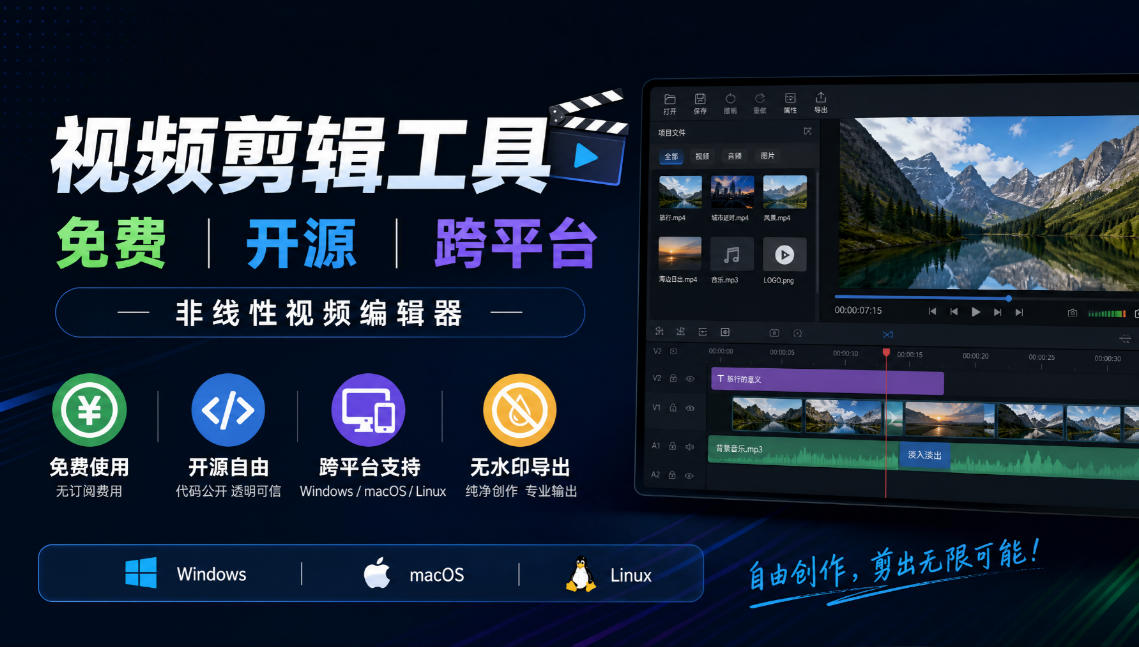 视频剪辑工具，免费、开源、跨平台，非线性视频编辑器，支持Windows、macOS、Linux，无水印、无订阅费用-我爱发帖