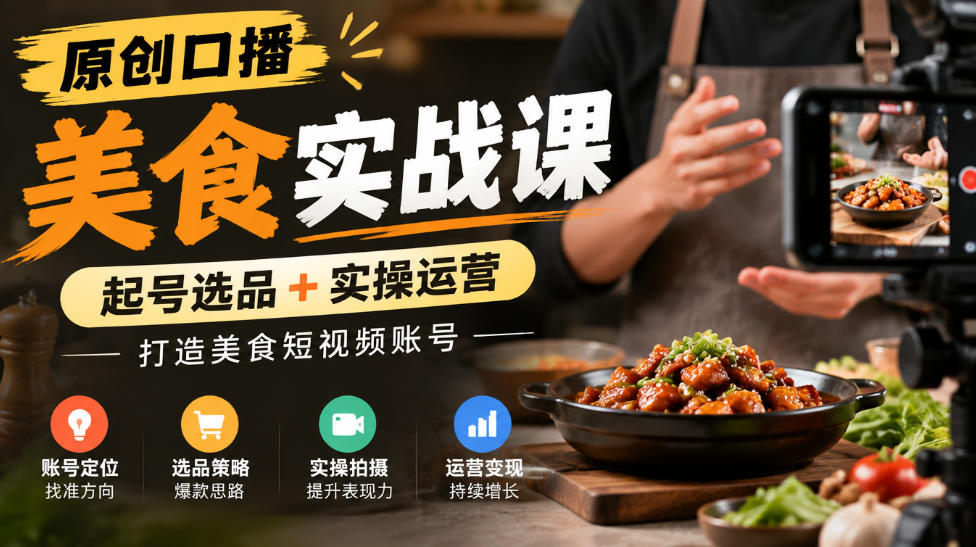 原创口播美食实战课，起号选品+实操运营，打造美食短视频账号-我爱发帖