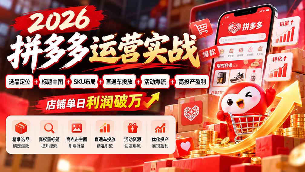 2026拼多多运营实战-更新1002：选品定位+标题主图+SKU布局+直通车投放+活动爆流+高投产盈利 店铺单日利润破万-我爱发帖