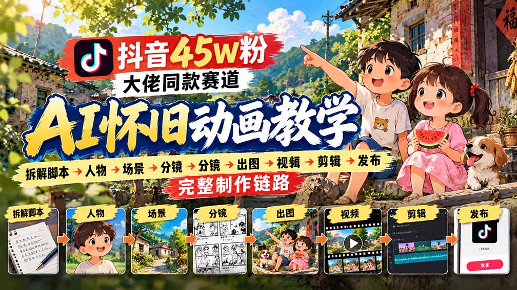 抖音45W粉大佬同款赛道AI怀旧动画教学：拆解脚本→人物→场景→分镜→出图→视频→剪辑→发布完整制作链路-我爱发帖