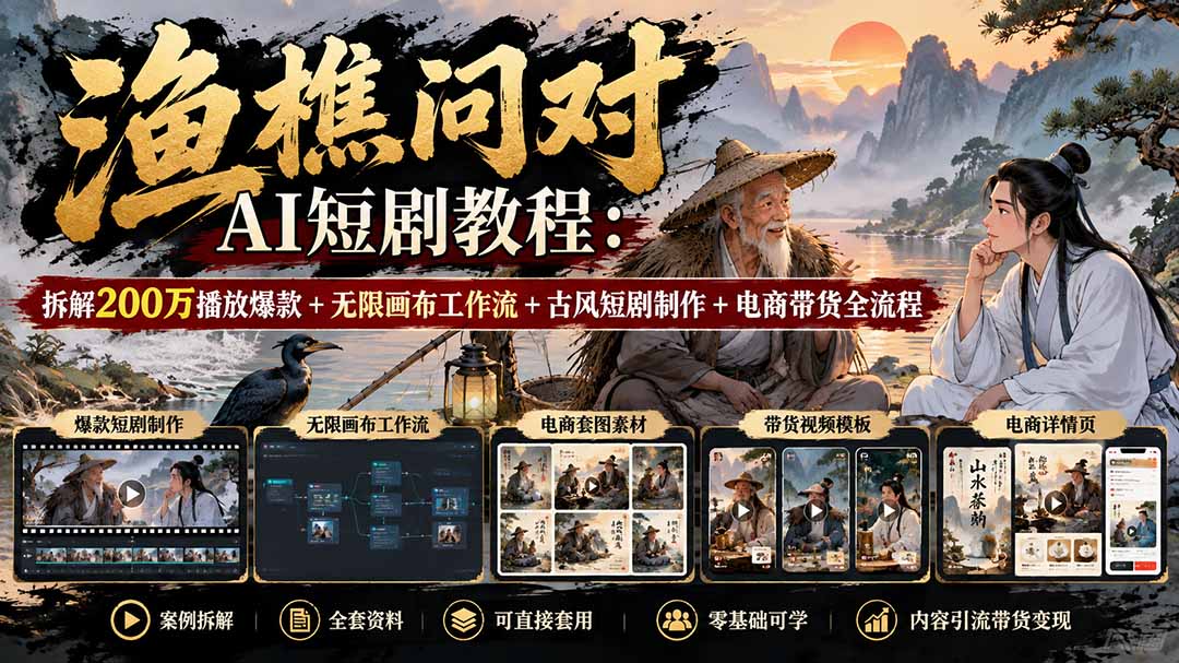 【无水印】渔樵问对AI短剧教程：拆解200万播放爆款+无限画布工作流+古风短剧制作+电商带货全流程-我爱发帖