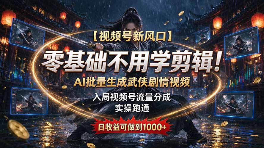 【视频号新风口】零基础不用学剪辑！AI 批量生成武侠剧情视频，入局视频号流量分成，实操跑通，日收益可做到 1000+-我爱发帖