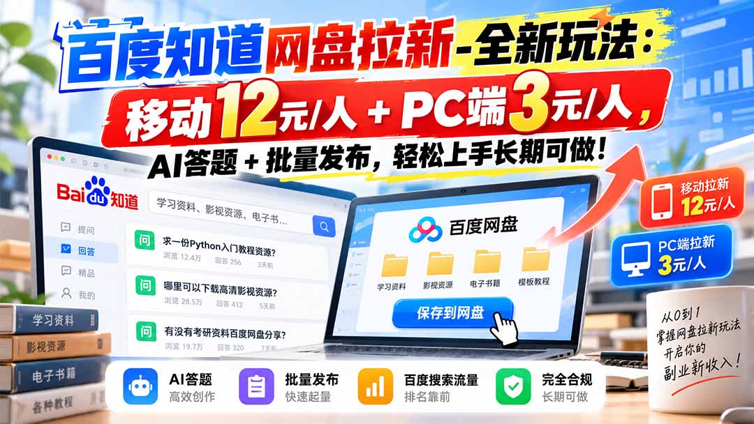百度知道网盘拉新-全新玩法：移动12元/人+PC端3元/人，AI答题+批量发布，轻松上手长期可做！-我爱发帖