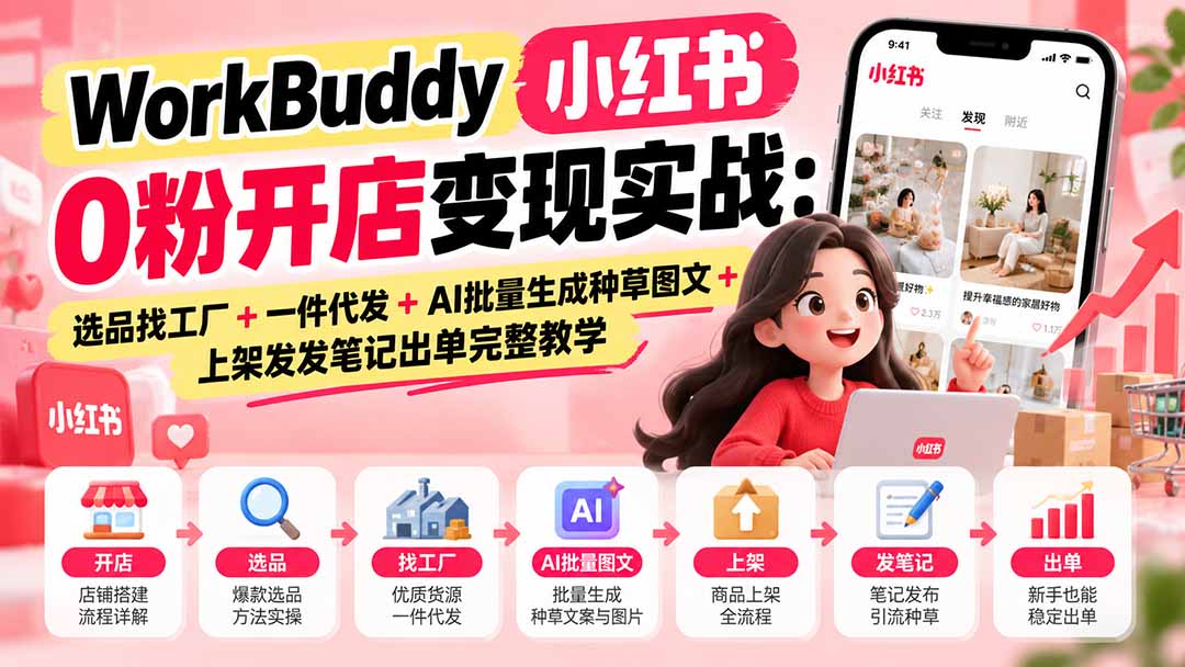 WorkBuddy小红书0粉开店变现实战：选品找工厂+一件代发+AI批量生成种草图文+上架发发笔记出单完整教学｜焦圣希 18818568866